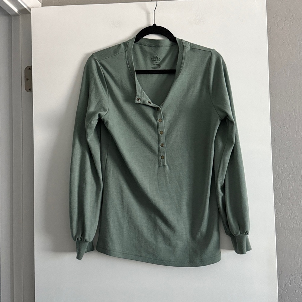 Woolx Charlotte Puff Sleeve Snap Henley Tee Sz Large 100% Merino Wool